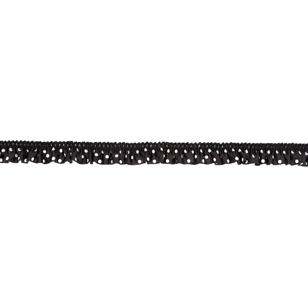 European Black and White Polka Dot Ruffled Stretch Grosgrain .875"