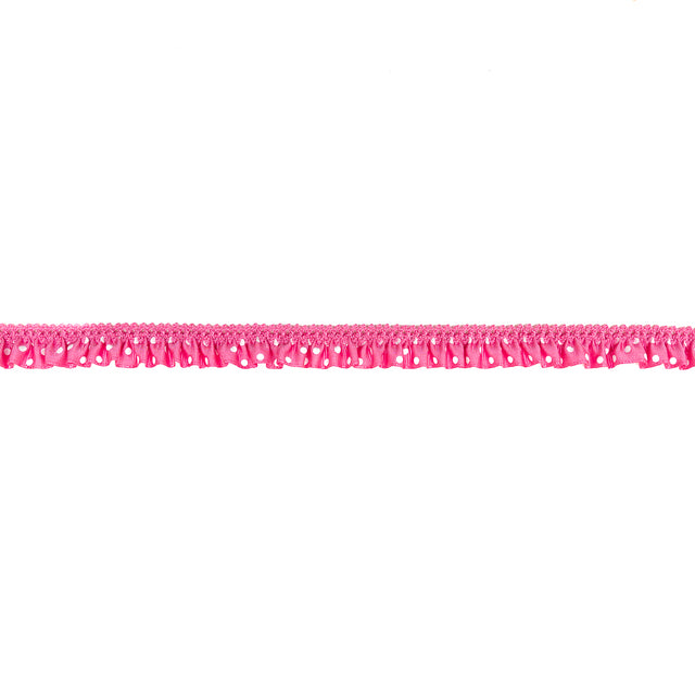 European Pink and White Polka Dot Ruffled Stretch Grosgrain .875"