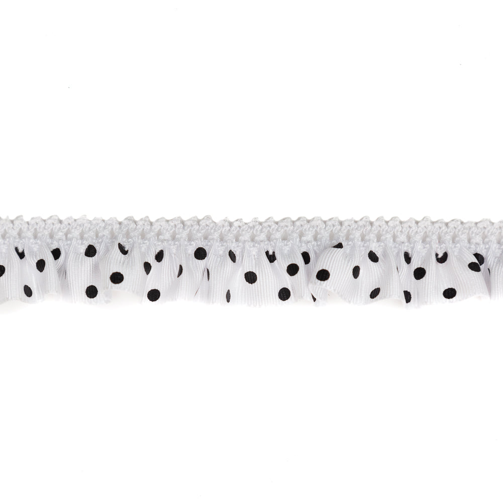 European White and Black Polka Dot Ruffled Stretch Grosgrain .875" Detail