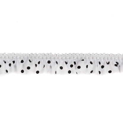 European White and Black Polka Dot Ruffled Stretch Grosgrain .875" Detail