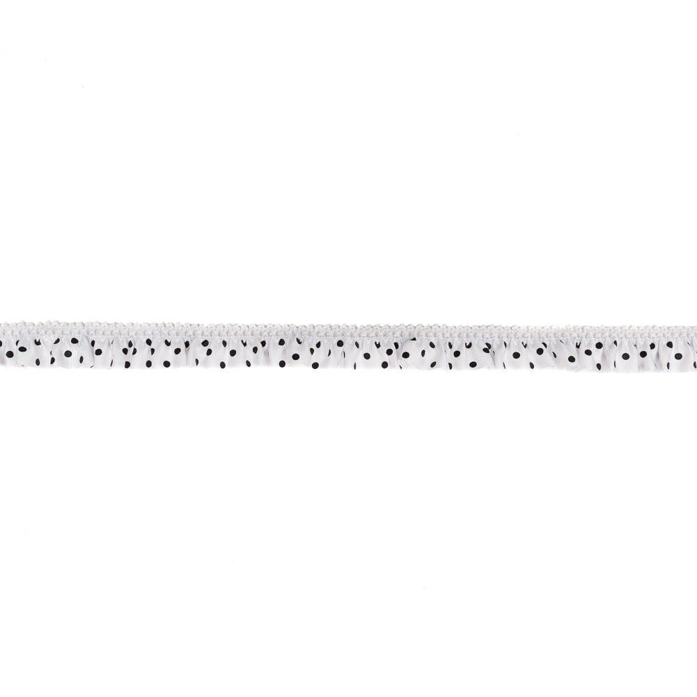European White and Black Polka Dot Ruffled Stretch Grosgrain .875"