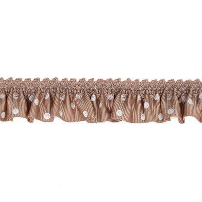 European Light Brown and White Polka Dot Ruffled Stretch Grosgrain .875" Detail