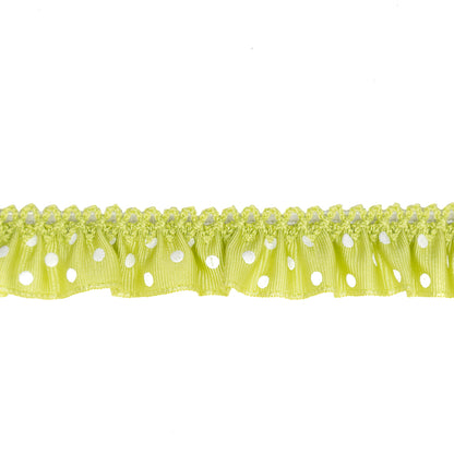 European Green and White Polka Dot Ruffled Stretch Grosgrain .875" Detail