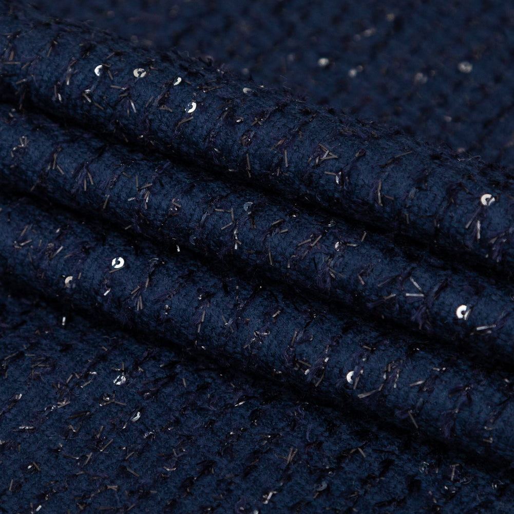 Metallic Navy Striped Tweed with Silver Sequins Folded