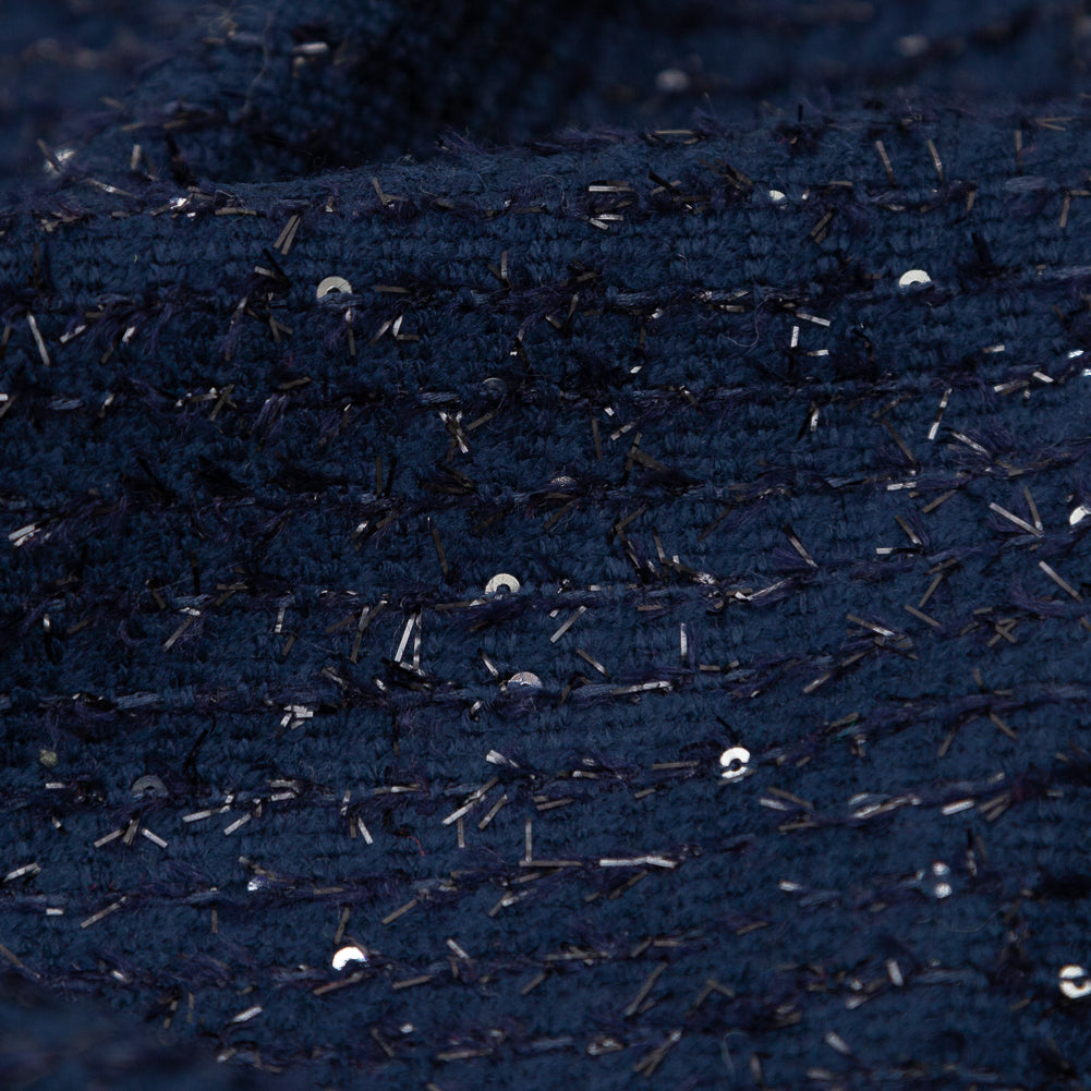 Metallic Navy Striped Tweed with Silver Sequins Detail