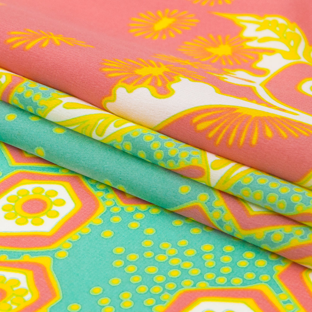 Aqua and Coral Geometric and Floral Printed Silk Crepe de Chine Folded