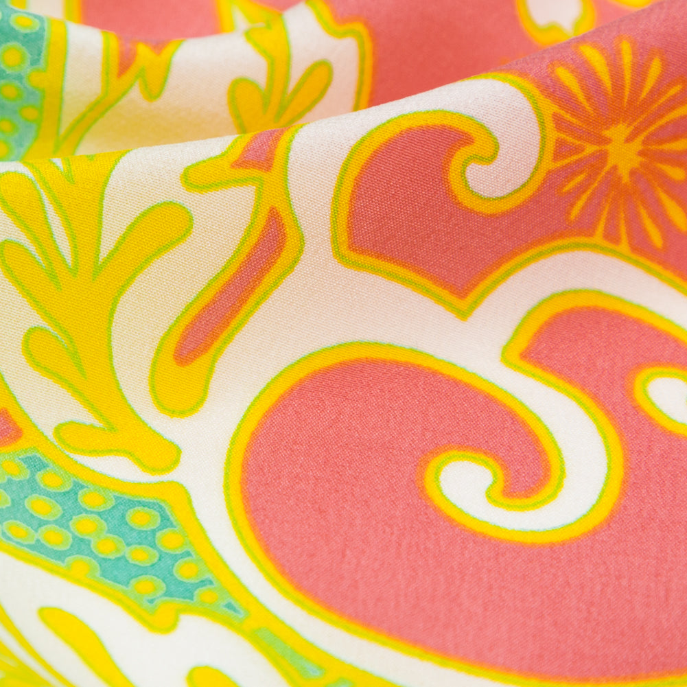 Aqua and Coral Geometric and Floral Printed Silk Crepe de Chine Detail