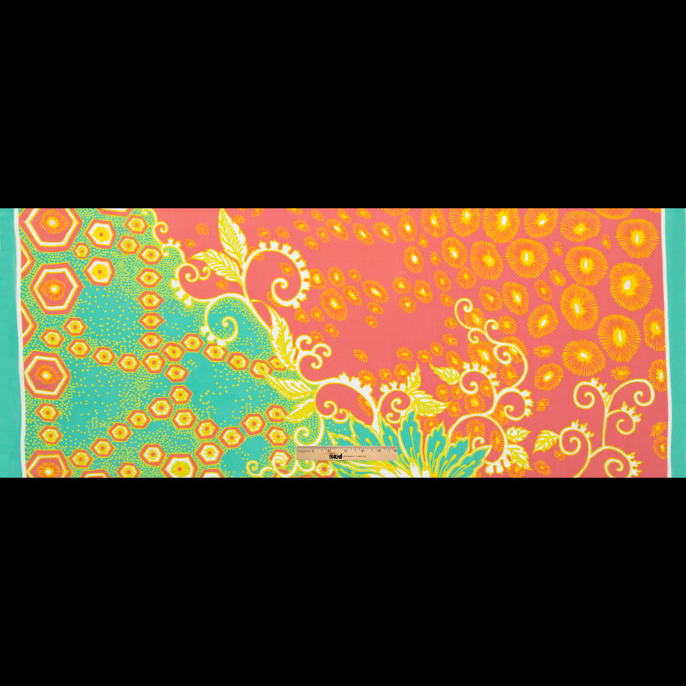 Aqua and Coral Geometric and Floral Printed Silk Crepe de Chine Full