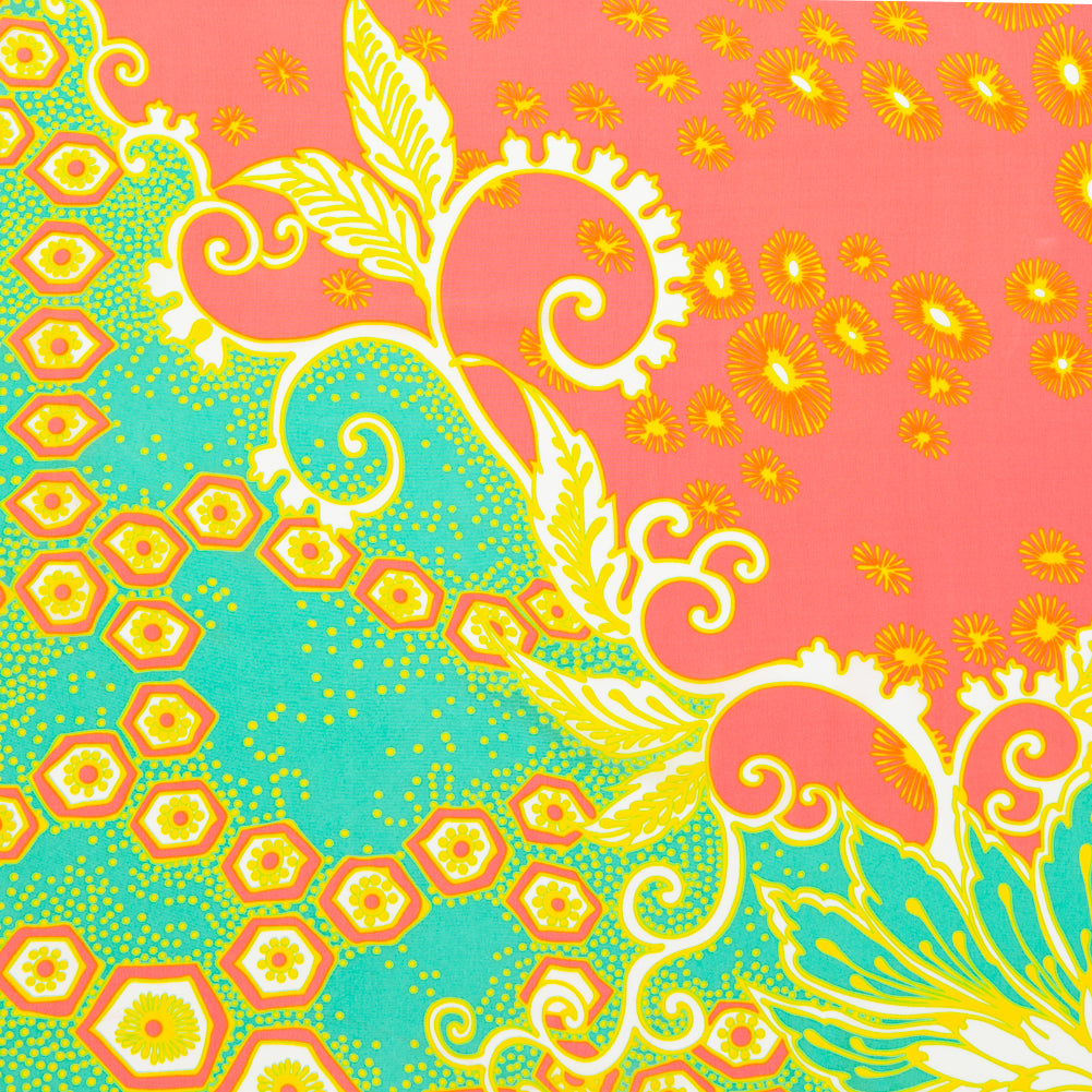 Aqua and Coral Geometric and Floral Printed Silk Crepe de Chine