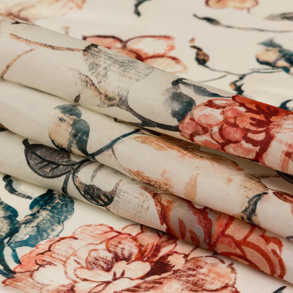Carolina Herrera Red and Peacock Blue Watercolor Floral Silk Gazar Folded