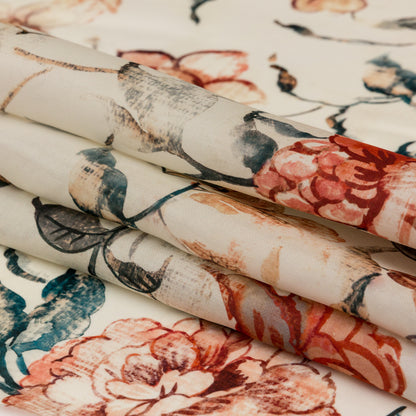 Carolina Herrera Red and Peacock Blue Watercolor Floral Silk Gazar Folded