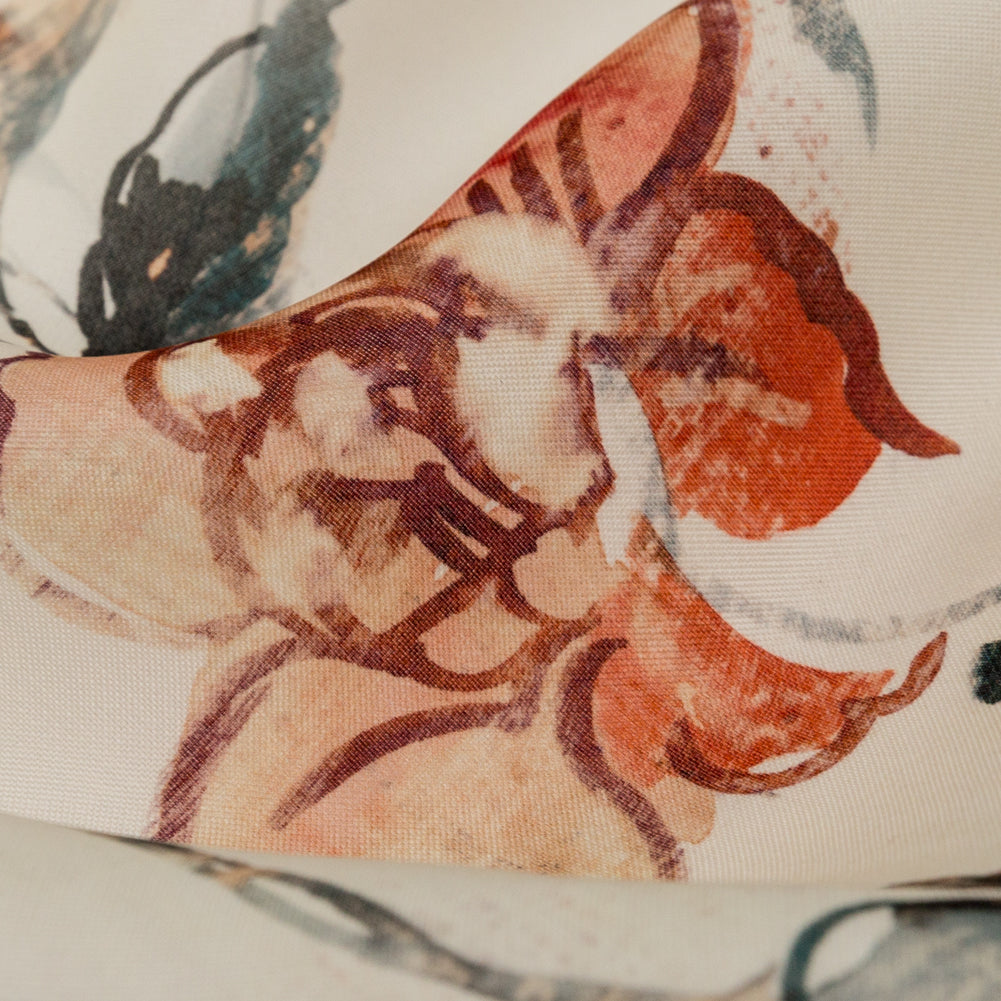 Carolina Herrera Red and Peacock Blue Watercolor Floral Silk Gazar Detail