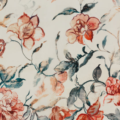 Carolina Herrera Red and Peacock Blue Watercolor Floral Silk Gazar