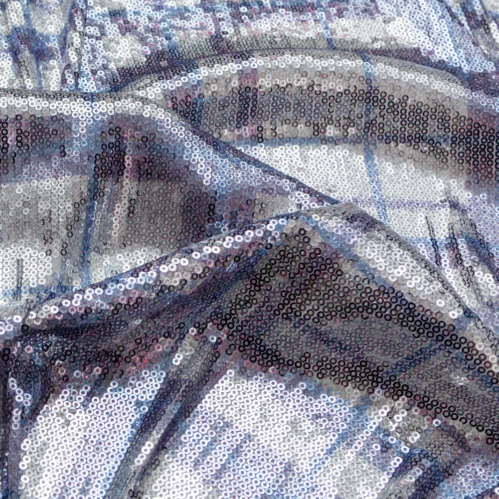 Italian Silver Circle Baby Sequins on Periwinkle, Lavender and White Plaid Mesh Detail