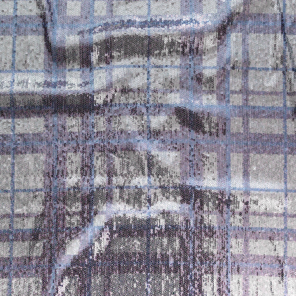 Italian Silver Circle Baby Sequins on Periwinkle, Lavender and White Plaid Mesh