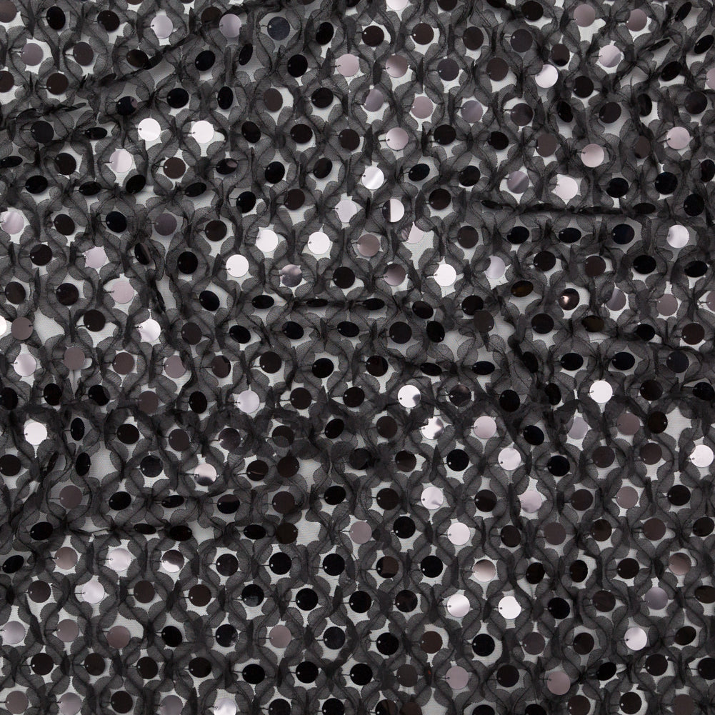 Italian Black 3D Floral Circle Paillette Sequined Tulle