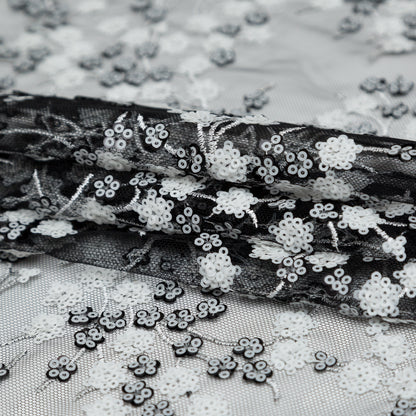 Stretch Net with Sequins - White Fancy Floral Clusters on Black Folded