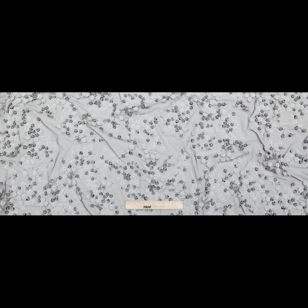Stretch Net with Sequins - White Fancy Floral Clusters on Black Full
