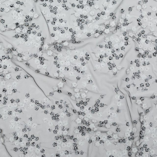 Stretch Net with Sequins - White Fancy Floral Clusters on Black