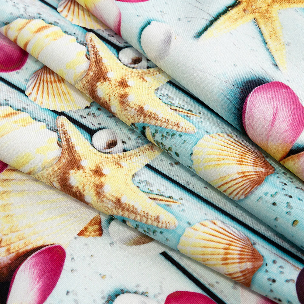 Compression Swimwear Tricot, UV Protective with Aloe Vera Microcapsules - Shells on an Aqua Boardwalk - Caye Collection Folded
