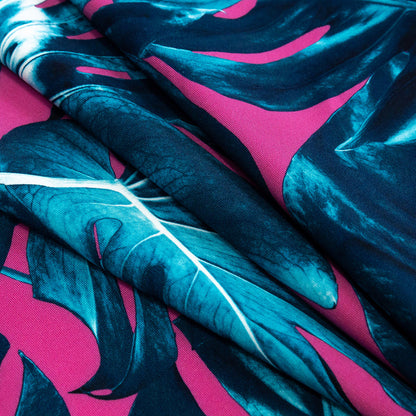 Magenta and Teal Foliage Caye UV Protective Compression Swimwear Tricot with Aloe Vera Microcapsules Folded