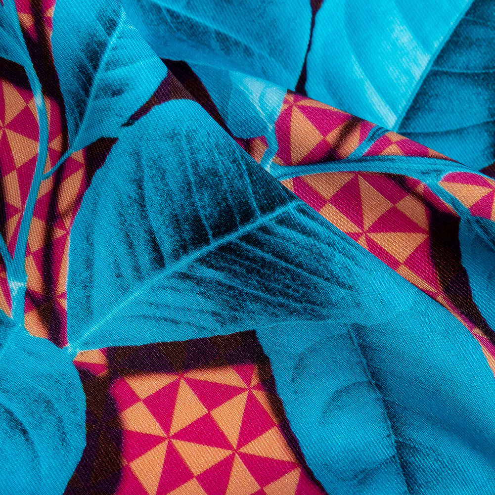 Compression Swimwear Tricot, UV Protective with Aloe Vera Microcapsules - Blue Leaves and Peach Pink Geometric - Caye Collection Detail