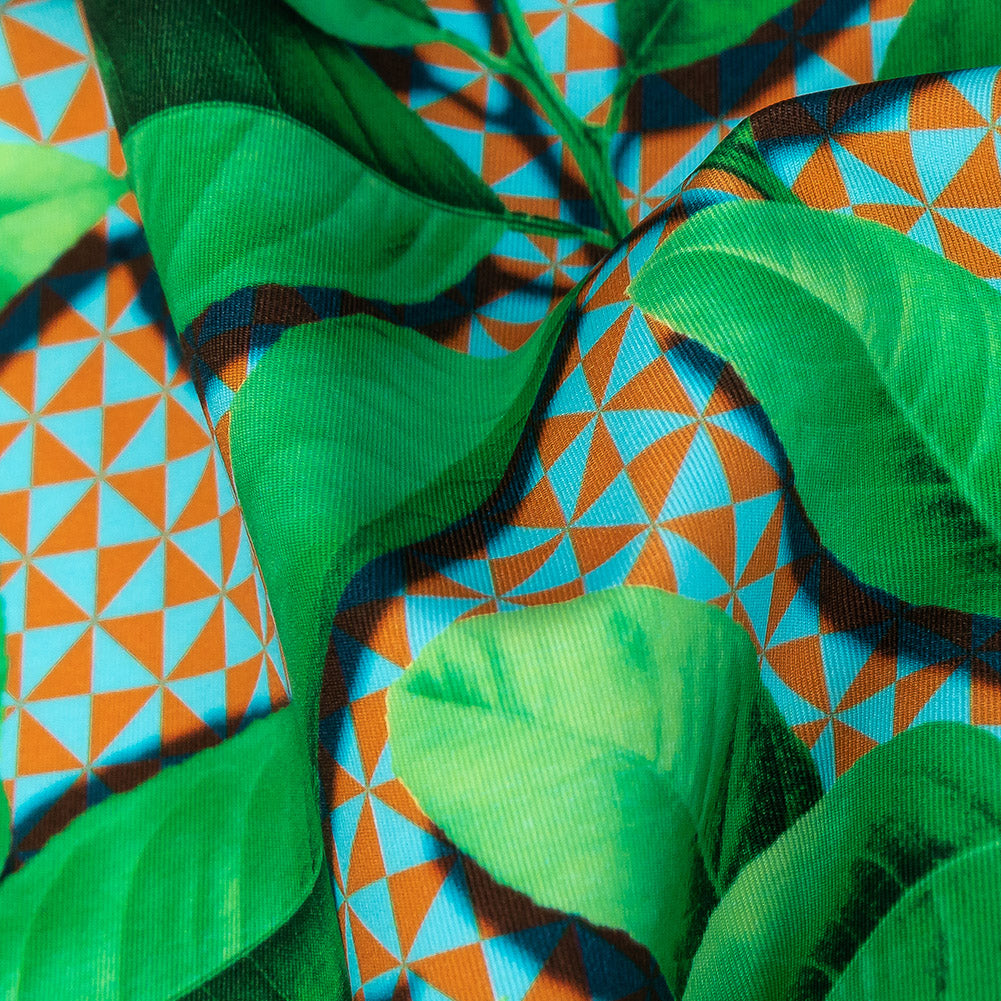 Compression Swimwear Tricot, UV Protective with Aloe Vera Microcapsules - Green Leaves and Orange Geometric - Caye Collection Detail