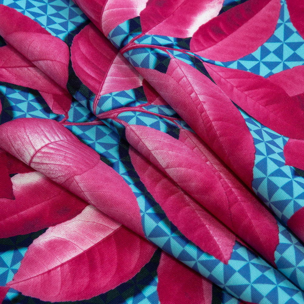 Compression Swimwear Tricot, UV Protective with Aloe Vera Microcapsules - Pink Leaves and Blue Geometric - Caye Collection Folded