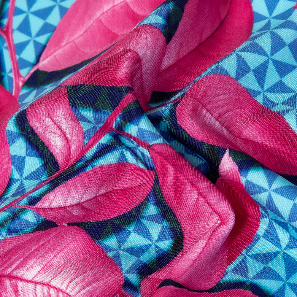 Compression Swimwear Tricot, UV Protective with Aloe Vera Microcapsules - Pink Leaves and Blue Geometric - Caye Collection Detail