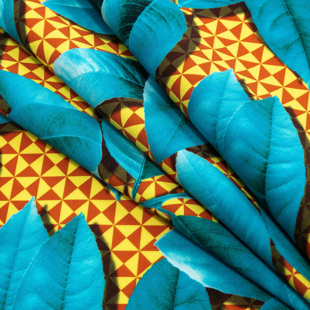 Compression Swimwear Tricot, UV Protective with Aloe Vera Microcapsules - Blue Leaves and Yellow Geometric - Caye Collection Folded