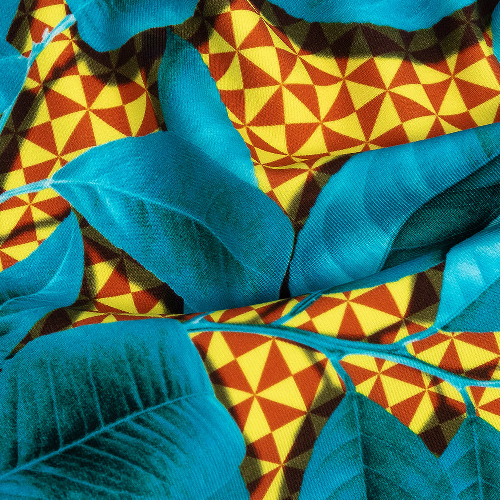 Compression Swimwear Tricot, UV Protective with Aloe Vera Microcapsules - Blue Leaves and Yellow Geometric - Caye Collection Detail
