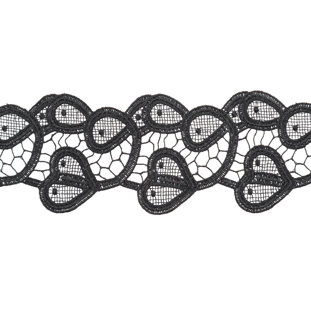 Italian Black Swirling Hearts Venise Lace Trim - 2.625" Detail