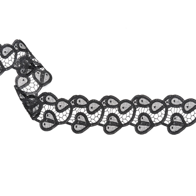 Italian Black Swirling Hearts Venise Lace Trim - 2.625"