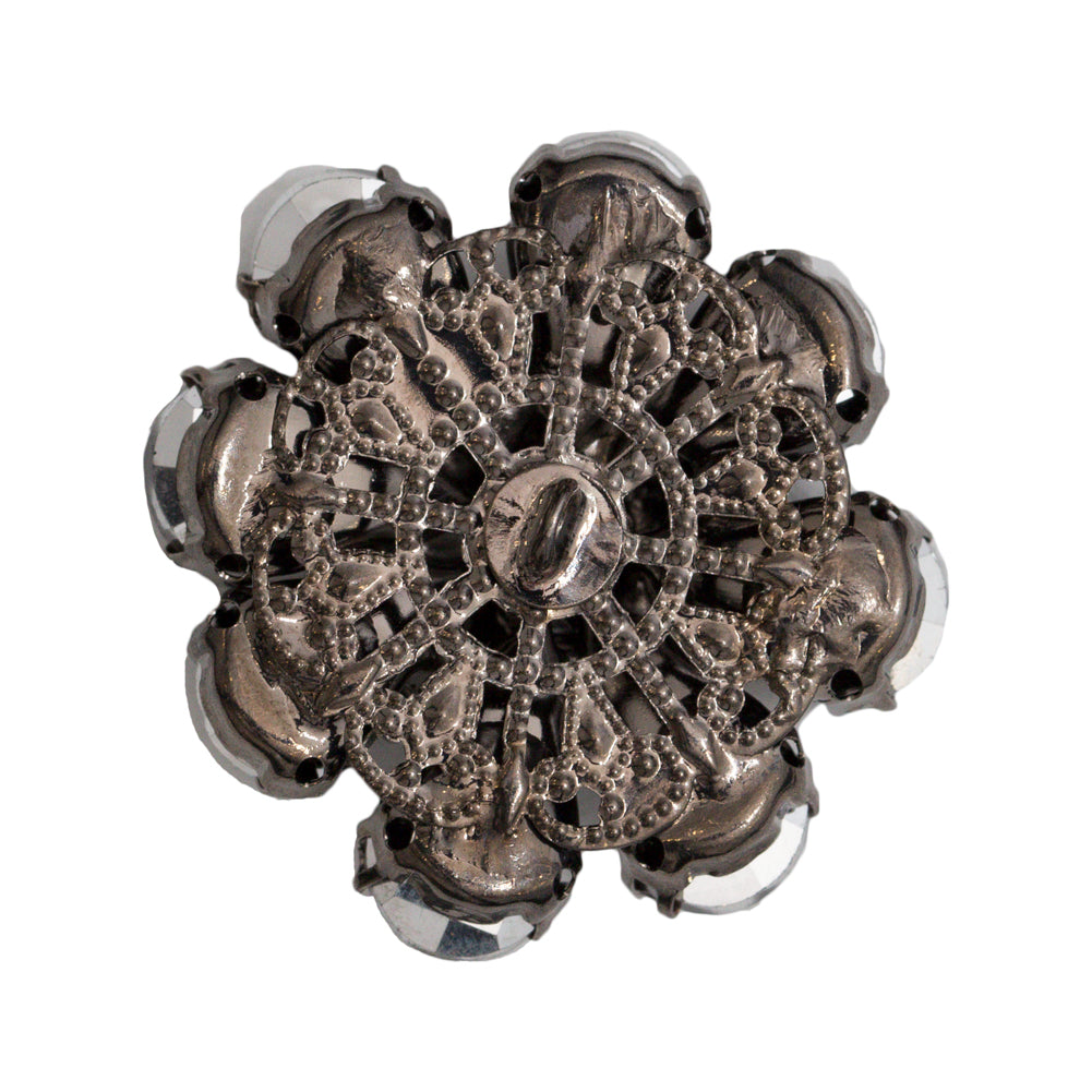 Italian Black and Gunmetal Floral Rhinestone Button - 48L/30.5mm Detail