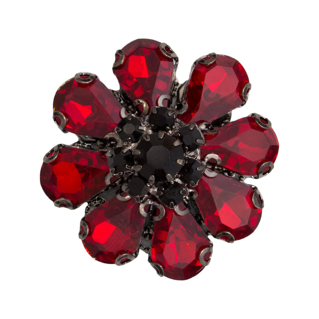 Italian Red, Black and Gunmetal Floral Rhinestone Button - 48L/30.5mm