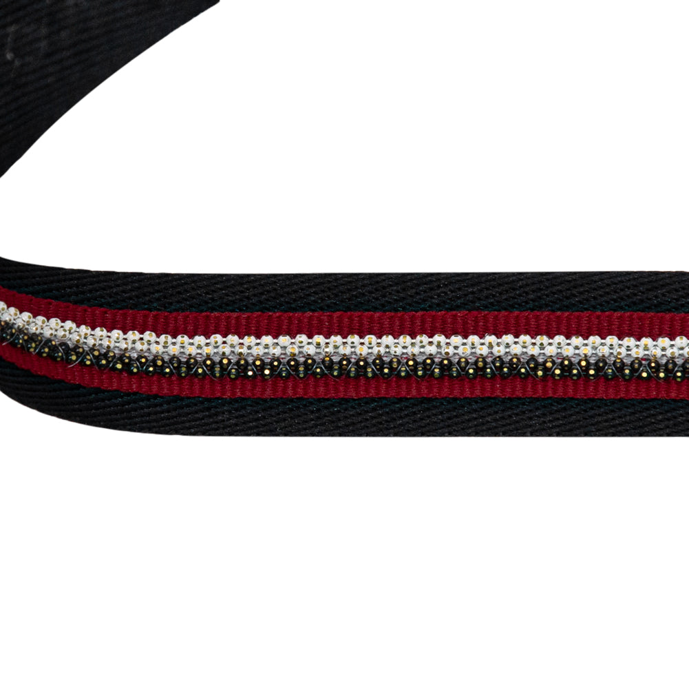 Italian Black Twill Tape with Central Red Grosgrain Ribbon and Metallic Metal Ball Chains Detail