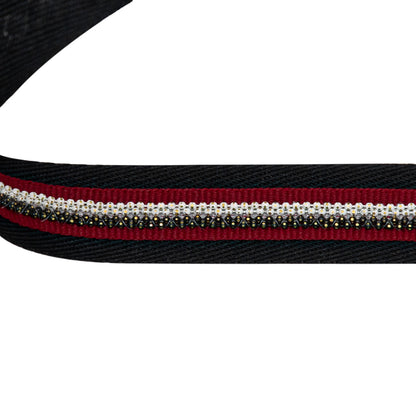Italian Black Twill Tape with Central Red Grosgrain Ribbon and Metallic Metal Ball Chains Detail