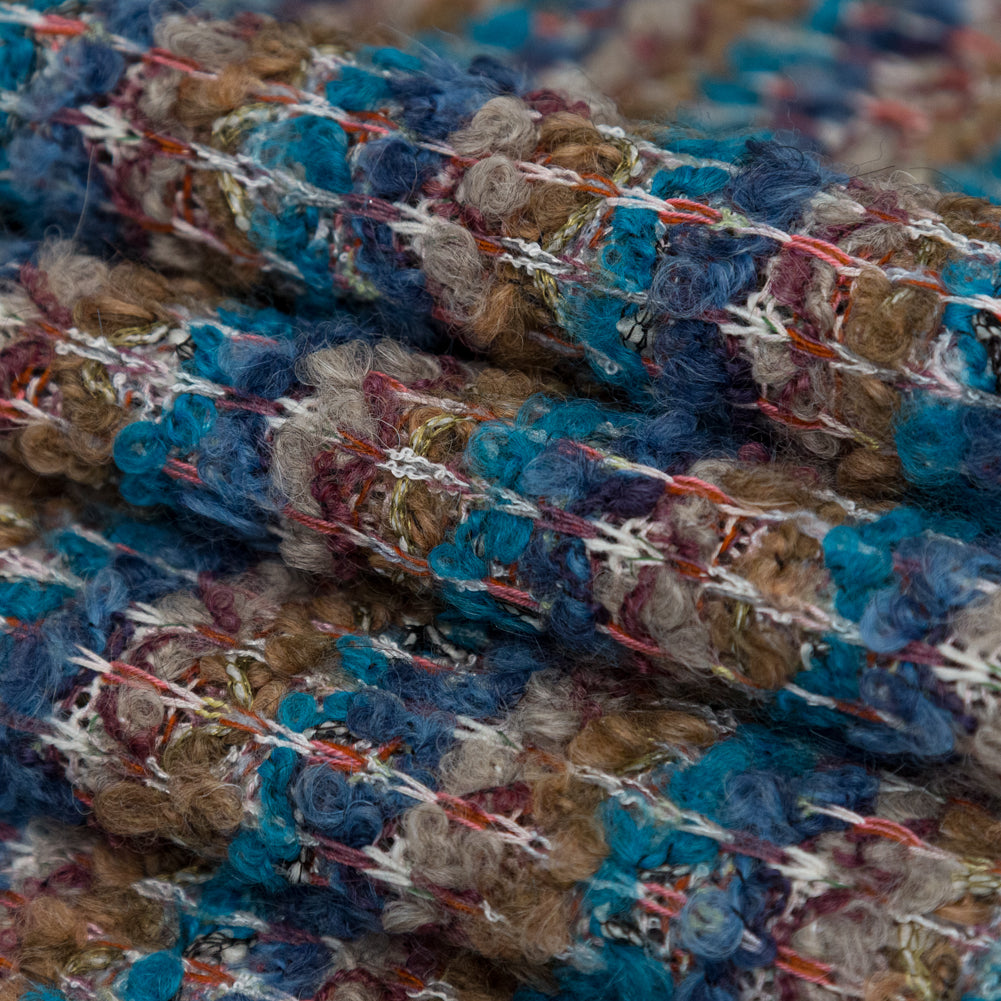 Turquoise, Golden Olive and Coral Striped Blended Wool Knit Folded
