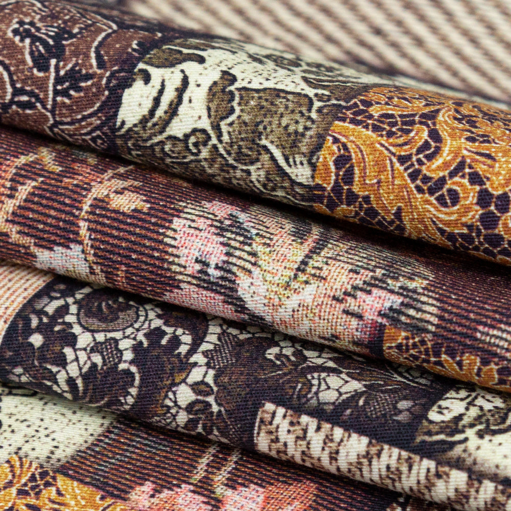 French Roast, Winter Twig and Castle Wall Patchwork Floral and Lace Printed Stretch Cotton Twill Folded