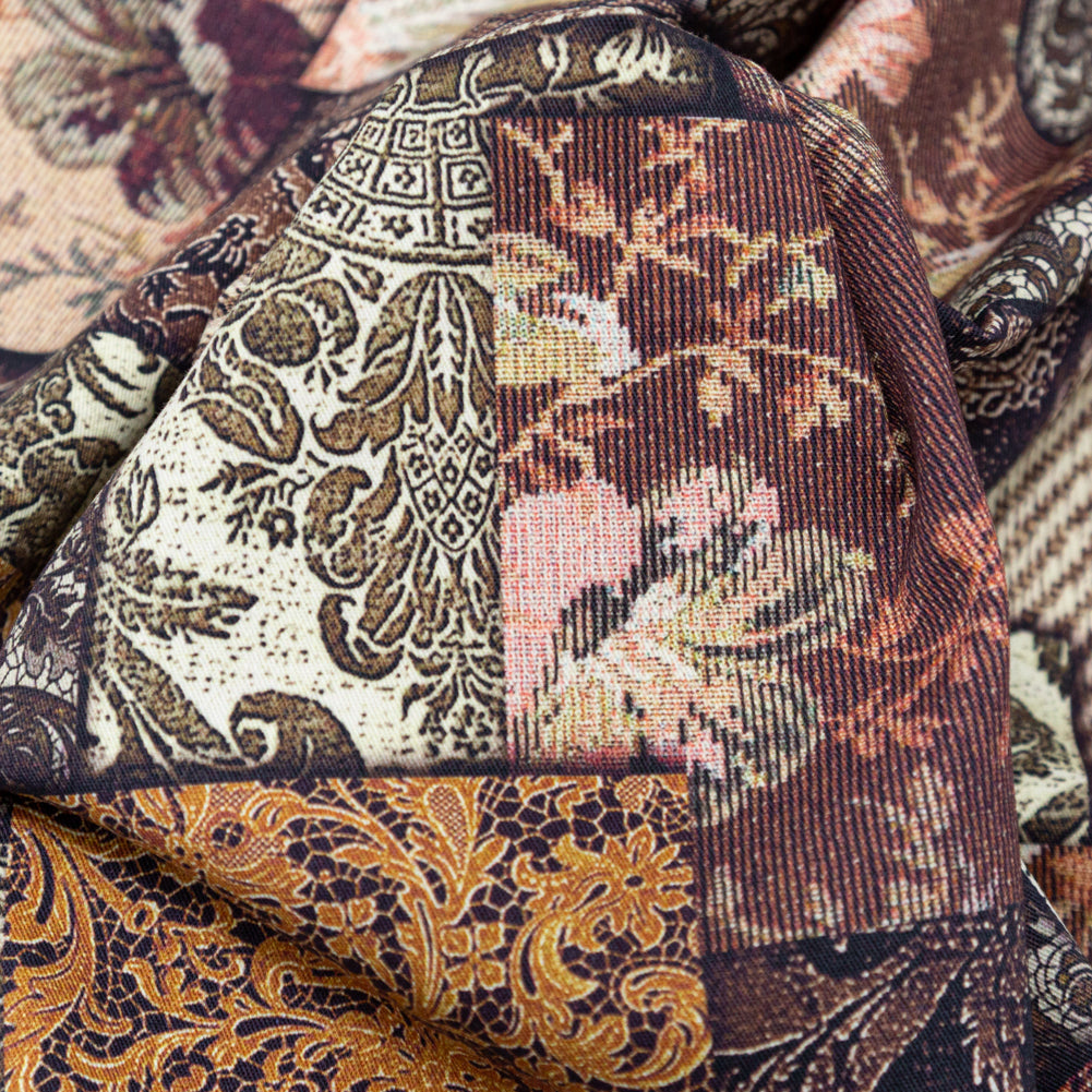 French Roast, Winter Twig and Castle Wall Patchwork Floral and Lace Printed Stretch Cotton Twill Detail