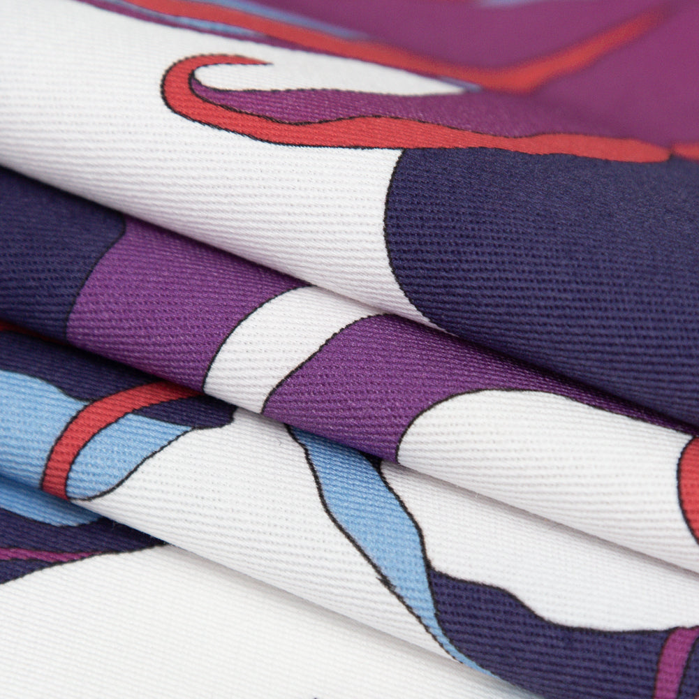 Italian Heliotrope, Flame Scarlet and Azure Blue Alyssum Floral Stretch Cotton Twill Folded