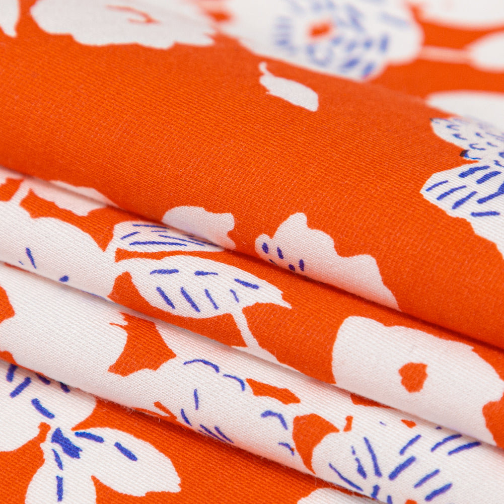 Bright Orange, White and Royal Blue Floral Printed Lightweight Ponte Knit Folded