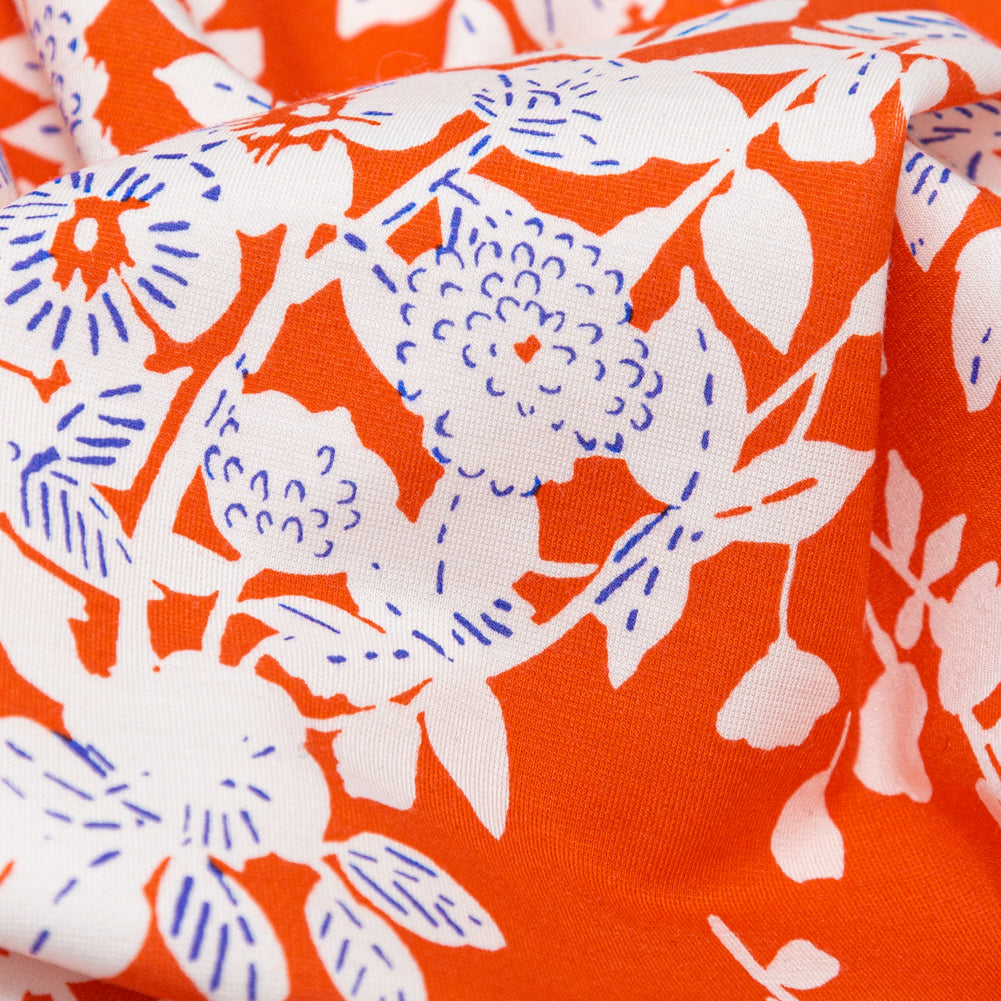 Bright Orange, White and Royal Blue Floral Printed Lightweight Ponte Knit Detail