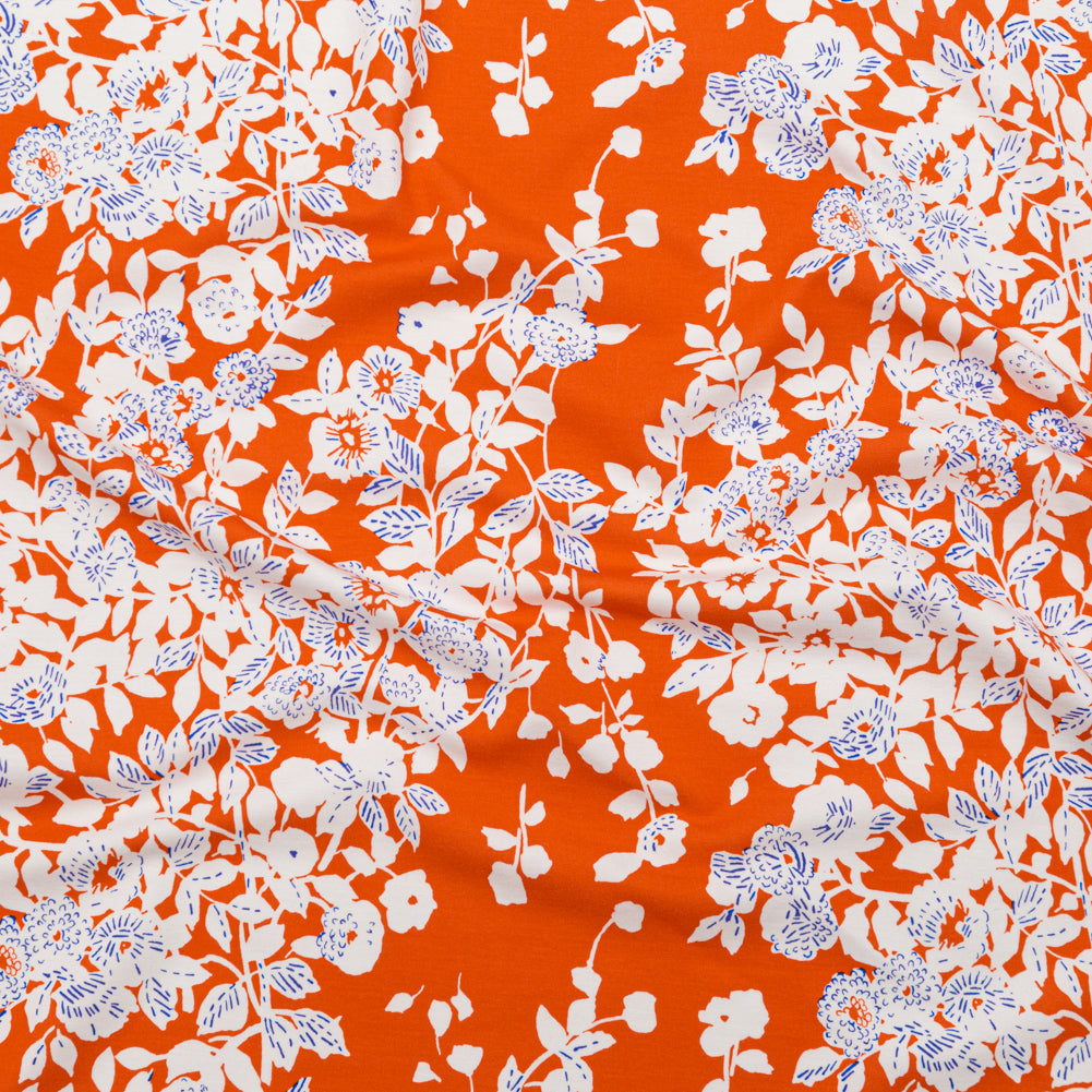 Bright Orange, White and Royal Blue Floral Printed Lightweight Ponte Knit