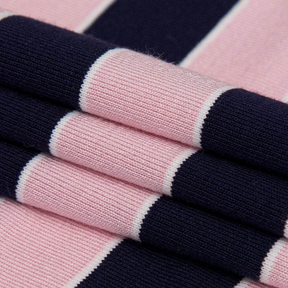Cameo Pink and Evening Blue Awning Striped Polyester Jersey Folded
