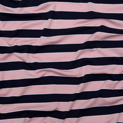 Cameo Pink and Evening Blue Awning Striped Polyester Jersey