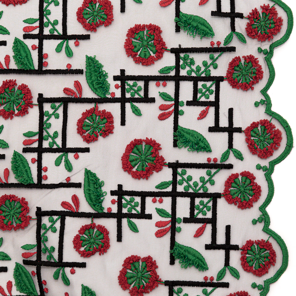 Famous NYC Designer Goji Berry and Jolly Green 3D Gridded Floral Lace with Scalloped Edges