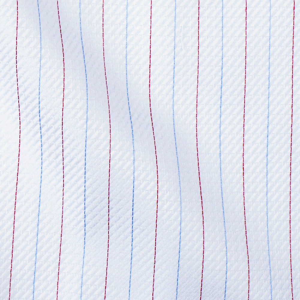 Premium White Twill Cotton Shirting with Red and Blue Tattersall Stripes Detail