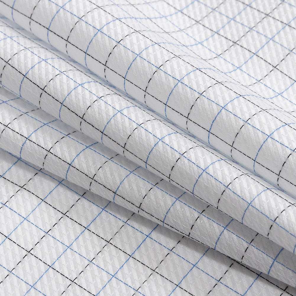 Premium Blue, Black and White Medium Graph Check Twill Cotton Shirting Folded