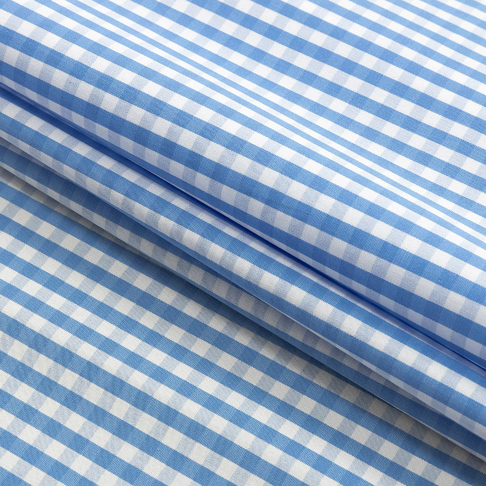 Premium Vista Blue and White Gingham Cotton Shirting Folded